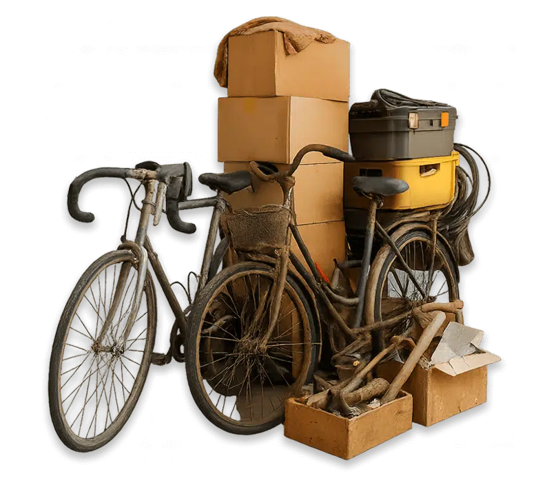 vecchie biciclette scatoloni e attrezzi per lo sgombero box auto